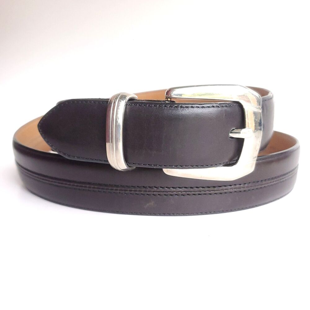 Cale Black Leather Belt Solid Brass Buckle Size 36 Made in Spain Approx 44x1"